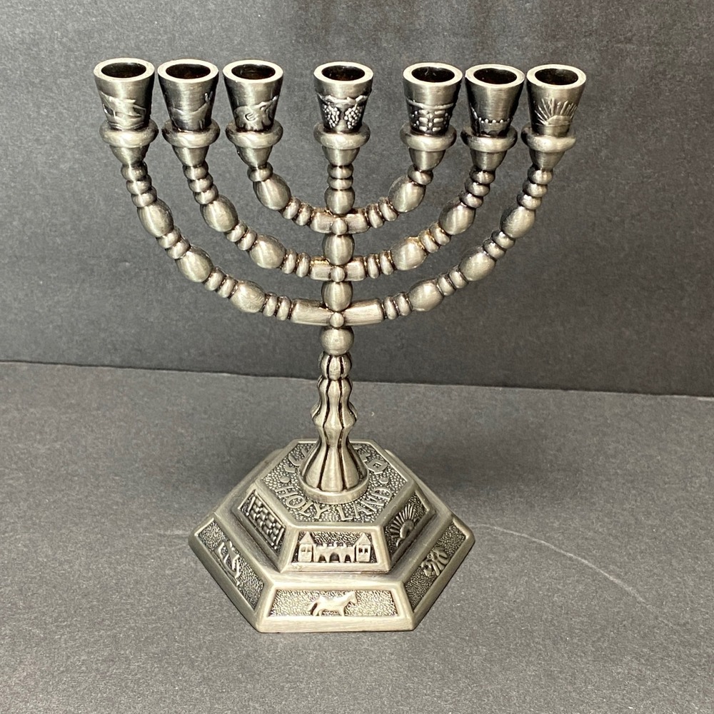 Vintage 12 Tribes of Israel Metal Hanukkah Menorah Jewish Candelabra Religious - Picture 5 of 11